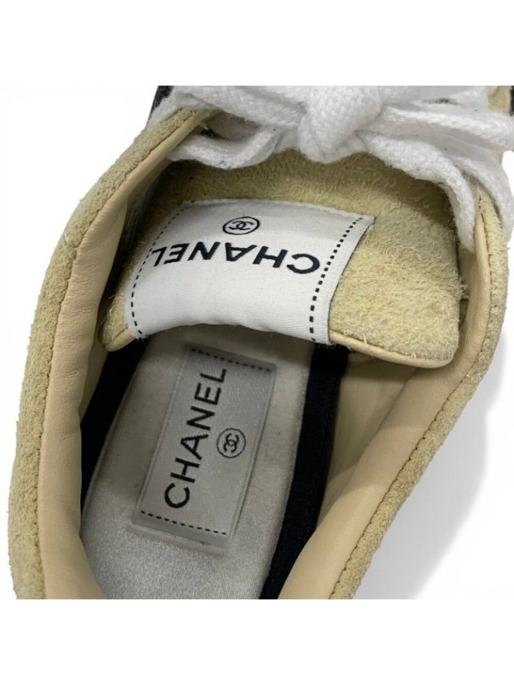 Chanel Sneakers Shoes Suede Beige Black White CC Logo - Picture 7 of 10